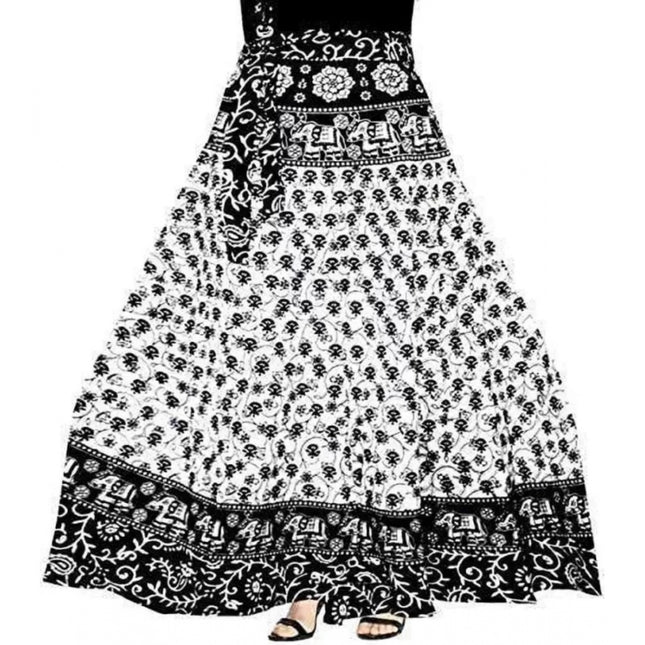 Rosolly Women's Cotton Jaipur Printed Wrap Around Maxi Skirt (Black, Free Size)