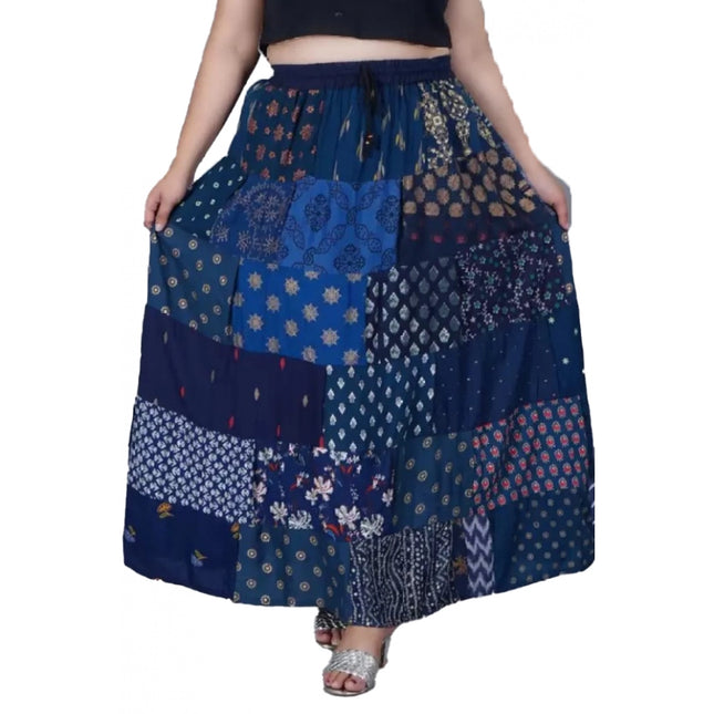 Rosolly Women's Rayon Printed Elastic Skirt (Blue, Free Size)