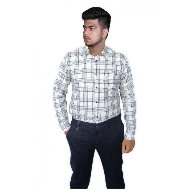 Rosolly Men's Cotton Lycra Full Sleeve Checked Casual Shirt (White)