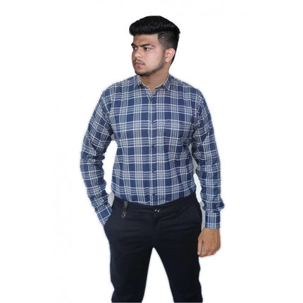 Rosolly Men's Cotton Lycra Full Sleeve Checked Casual Shirt (Navy Blue)