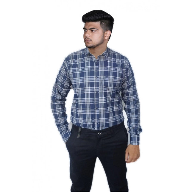 Rosolly Men's Cotton Lycra Full Sleeve Checked Casual Shirt (Navy Blue)