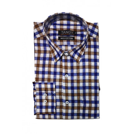 Rosolly Men's Cotton Lycra Full Sleeve Checked Casual Shirt (Brown Blue)