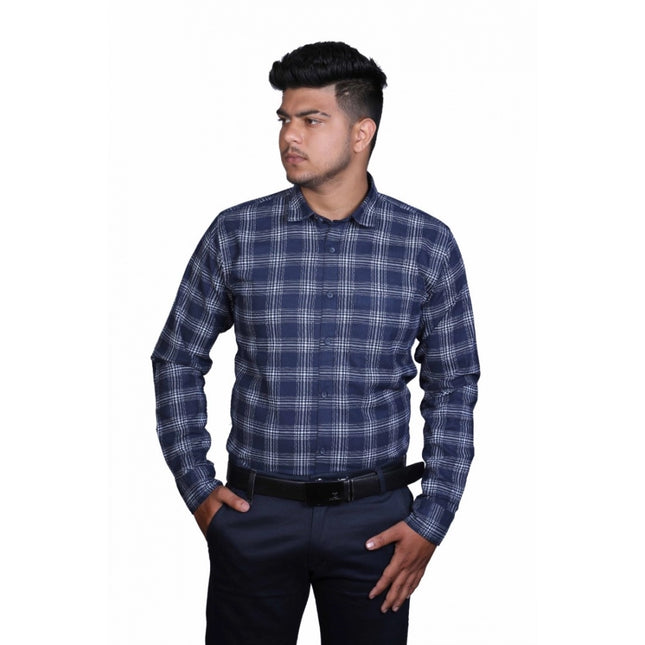 Rosolly Men's Cotton Lycra Full Sleeve Checked Casual Shirt (Navy Blue)