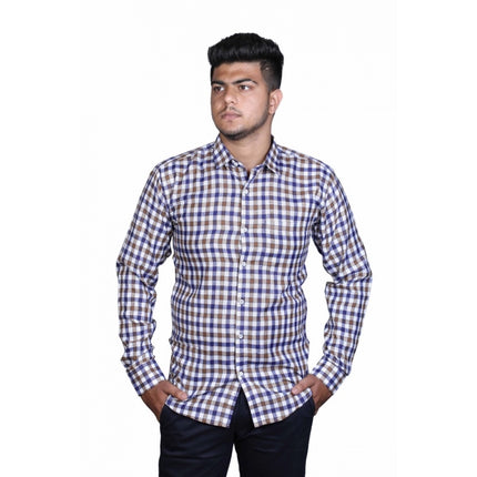Rosolly Men's Cotton Lycra Full Sleeve Checked Casual Shirt (Brown Blue)