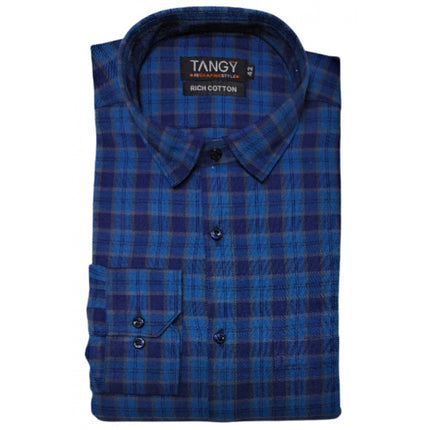 Rosolly Men's Cotton Lycra Full Sleeve Checked Casual Shirt (Dark Blue)