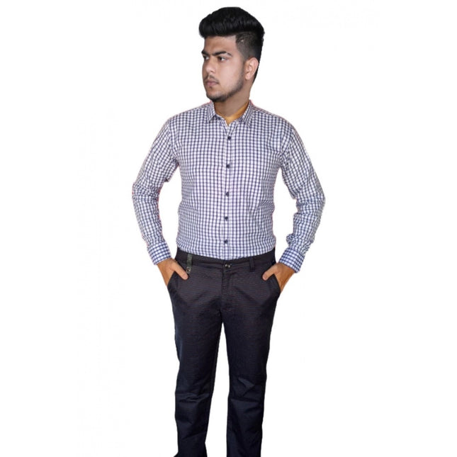 Rosolly Men's Cotton Lycra Full Sleeve Checked Casual Shirt (White)
