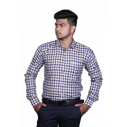 Rosolly Men's Cotton Lycra Full Sleeve Checked Casual Shirt (Brown Blue)