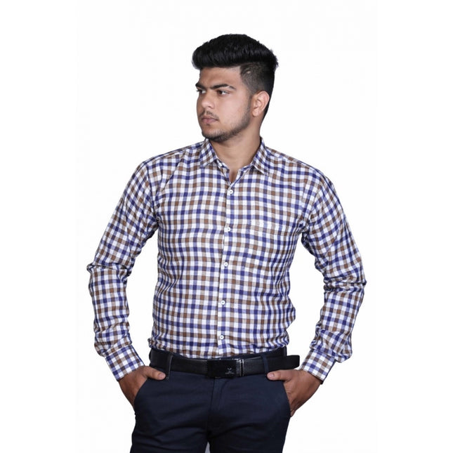 Rosolly Men's Cotton Lycra Full Sleeve Checked Casual Shirt (Brown Blue)
