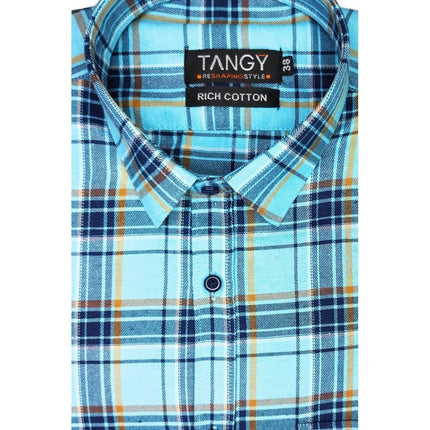Rosolly Men's Cotton Lycra Full Sleeve Checked Casual Shirt (Turquoise)