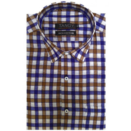 Rosolly Men's Cotton Lycra Full Sleeve Checked Casual Shirt (Brown Blue)