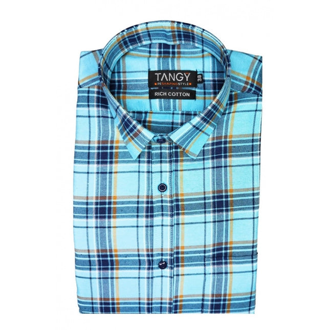 Rosolly Men's Cotton Lycra Full Sleeve Checked Casual Shirt (Turquoise)