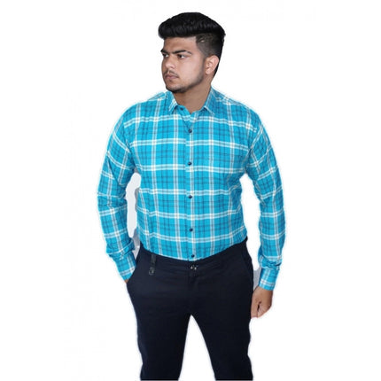Rosolly Men's Cotton Lycra Full Sleeve Checked Casual Shirt (Sky Blue)
