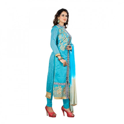 Rosolly Chanderi Fabric Sky Blue Color Unstitched Salwar-Suit Material With Dupatta