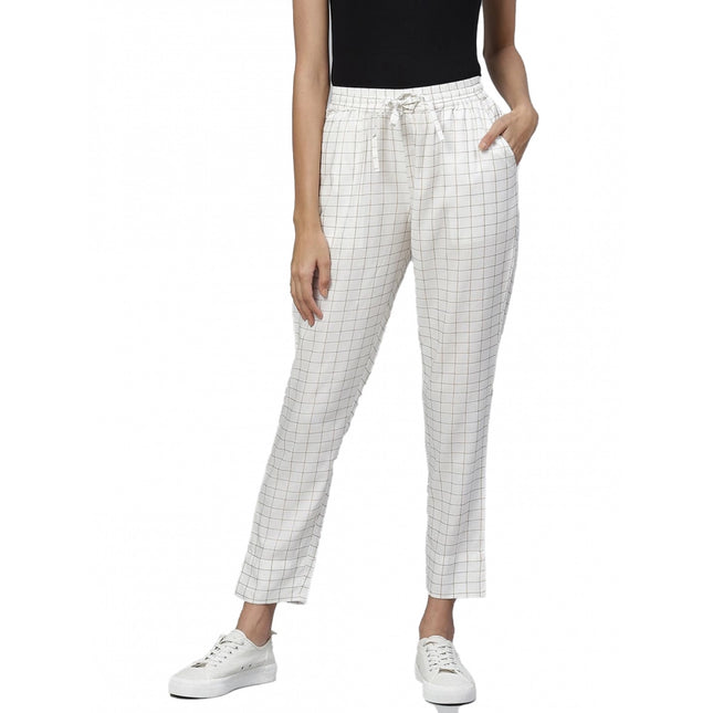 Rosolly Women's Casual Checked Rayon Trouser Pant (White)