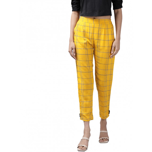 Rosolly Women's Casual Checked Rayon Trouser Pant (Yellow)
