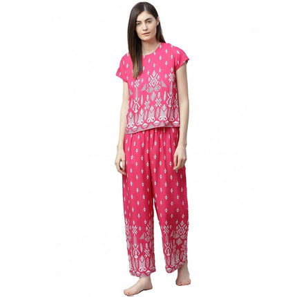 Rosolly Women's Casual Short Sleeve Printed Rayon Pajama Set (Pink)