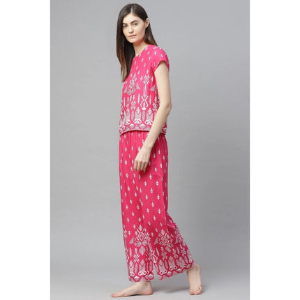 Rosolly Women's Casual Short Sleeve Printed Rayon Pajama Set (Pink)