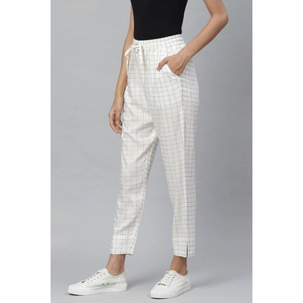 Rosolly Women's Casual Checked Rayon Trouser Pant (White)