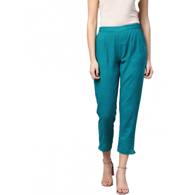 Rosolly Women's Casual Solid Cotton Slub Trouser Pant (Rama Blue)