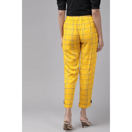 Rosolly Women's Casual Checked Rayon Trouser Pant (Yellow)