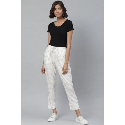 Rosolly Women's Casual Checked Rayon Trouser Pant (White)