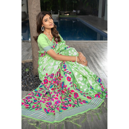 Rosolly  Women's Cotton Printed Saree With Unstitched Blouse (Green, 5-6 Mtrs)
