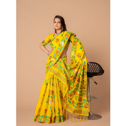 Rosolly  Women's Cotton Printed Saree With Unstitched Blouse (Yellow, 5-6 Mtrs)