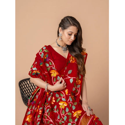 Rosolly  Women's Cotton Printed Saree With Unstitched Blouse (Red, 5-6 Mtrs)