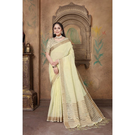 Rosolly  Women's Soft Linen Striped Saree With Unstitched Blouse (Off-White, 5-6 Mtrs)