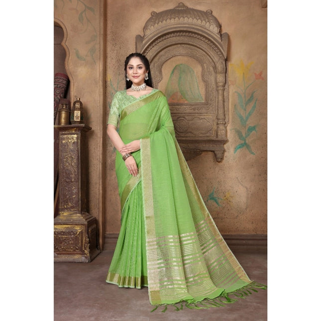 Rosolly  Women's Soft Linen Striped Saree With Unstitched Blouse (Green, 5-6 Mtrs)