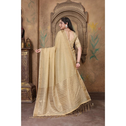 Rosolly  Women's Soft Linen Striped Saree With Unstitched Blouse (Beige, 5-6 Mtrs)