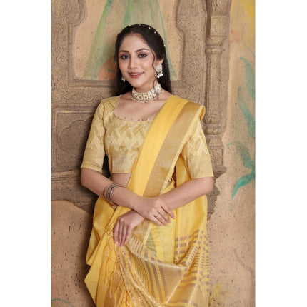 Rosolly  Women's Soft Linen Striped Saree With Unstitched Blouse (Yellow, 5-6 Mtrs)