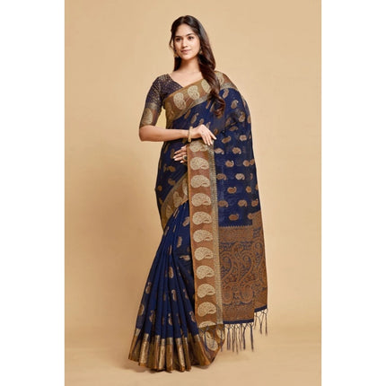 Rosolly  Women's Chanderi Cotton Printed Saree With Unstitched Blouse (Navy Blue, 5-6 Mtrs)