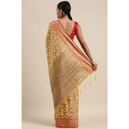 Rosolly  Women's Chanderi Cotton Printed Saree With Unstitched Blouse (Yellow, 5-6 Mtrs)