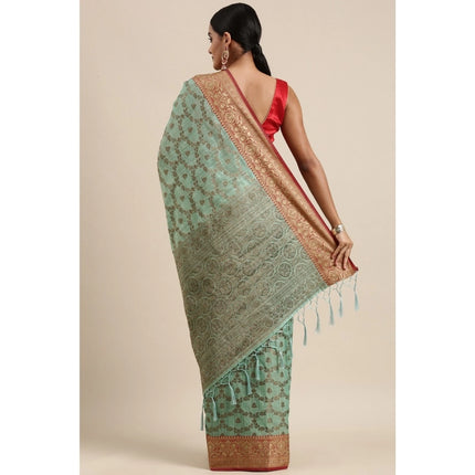 Rosolly  Women's Chanderi Cotton Printed Saree With Unstitched Blouse (Sku Blue, 5-6 Mtrs)