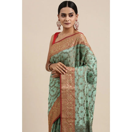 Rosolly  Women's Chanderi Cotton Printed Saree With Unstitched Blouse (Sku Blue, 5-6 Mtrs)