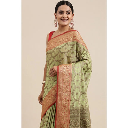 Rosolly  Women's Chanderi Cotton Printed Saree With Unstitched Blouse (Pista, 5-6 Mtrs)
