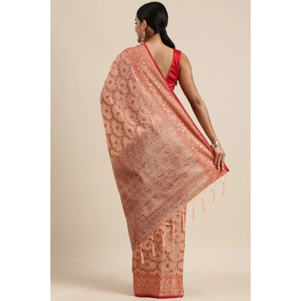 Rosolly  Women's Chanderi Cotton Printed Saree With Unstitched Blouse (Peach, 5-6 Mtrs)