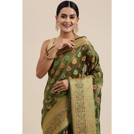 Rosolly  Women's Organza Printed Saree With Unstitched Blouse (Mahendi, 5-6 Mtrs)