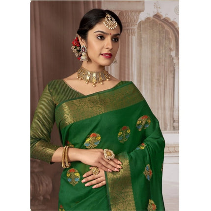 Rosolly Â Women's Linen Printed Saree With Unstitched Blouse (Dark Green, 5-6 Mtrs)