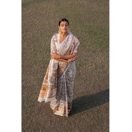 Rosolly Â Women's Linen Printed Saree With Unstitched Blouse (White, 5-6 Mtrs)