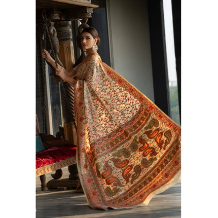Rosolly Â Women's Linen Printed Saree With Unstitched Blouse (Beige, 5-6 Mtrs)
