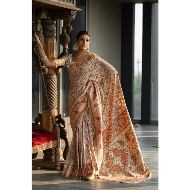 Rosolly Â Women's Linen Printed Saree With Unstitched Blouse (Beige, 5-6 Mtrs)