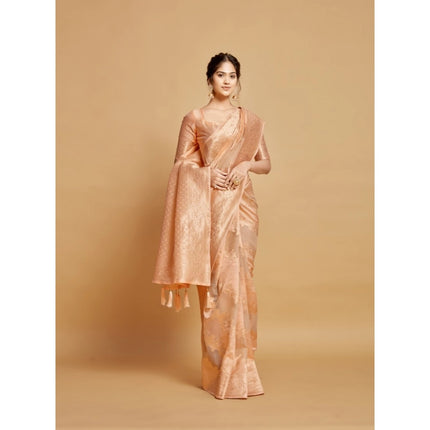 Rosolly Â Women's Linen Printed Saree With Unstitched Blouse (Peach, 5-6 Mtrs)