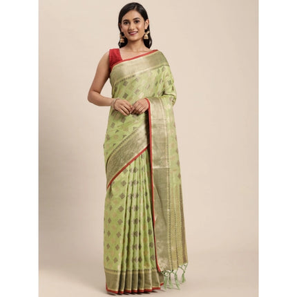Rosolly Â Women's Chanderi Cotton Printed Saree With Unstitched Blouse (Pista, 5-6 Mtrs)