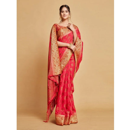 Rosolly Â Women's Chanderi Cotton Printed Saree With Unstitched Blouse (Pink, 5-6 Mtrs)