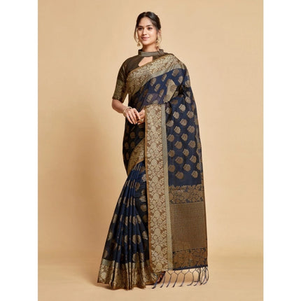 Rosolly Â Women's Chanderi Cotton Printed Saree With Unstitched Blouse (Navy, 5-6 Mtrs)