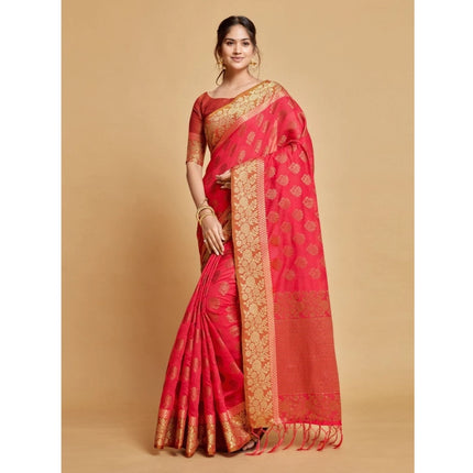 Rosolly Â Women's Chanderi Cotton Printed Saree With Unstitched Blouse (Pink, 5-6 Mtrs)