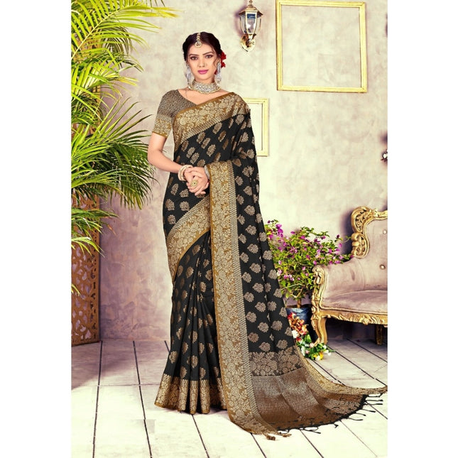 Rosolly Â Women's Chanderi Cotton Printed Saree With Unstitched Blouse (Black, 5-6 Mtrs)
