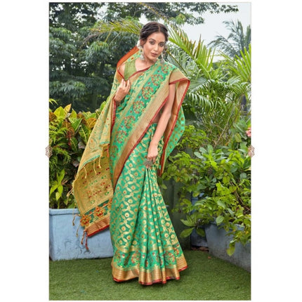 Rosolly Â Women's Organza Printed Saree With Unstitched Blouse (Green, 5-6 Mtrs)